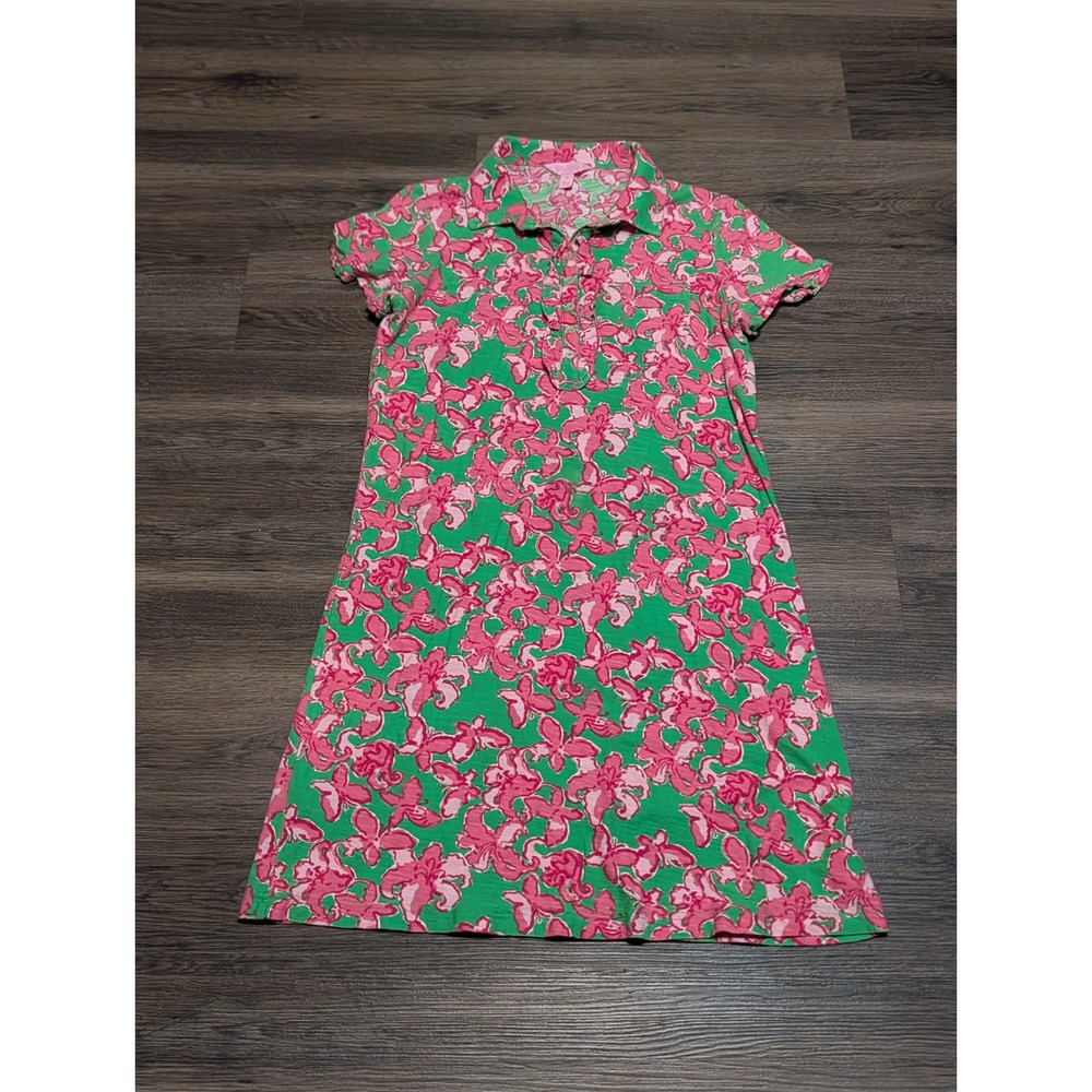 Lilly Pulitzer Green Pink Floral Ruffle Polo Dress Short Sleeve Size M